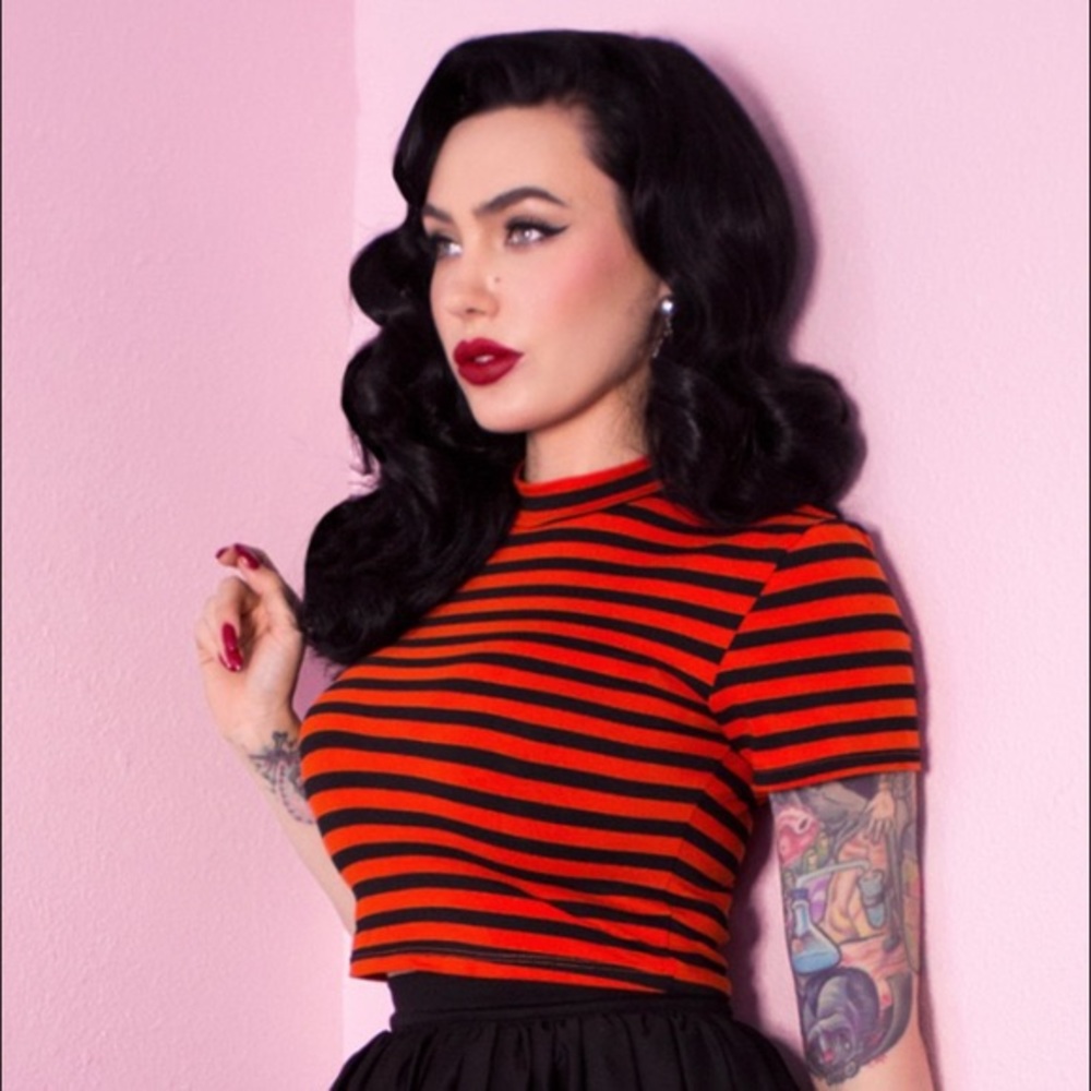 Vixen "Bad Girls" Orange & Black Striped Crop Top